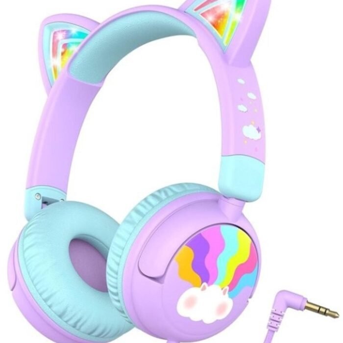StayPowered Kinderheadset - Veilig, Stijlvol en Speels met Led-Verlichte Kattenoren! - Comfortabel en Verstelbaar - Compact Design - Inklapbaar - Zachte Oorkussens - 3.5mm Jack - Brede Compatibiliteit - Blauw/Paars - Levering Sneller dan Aangegeven!