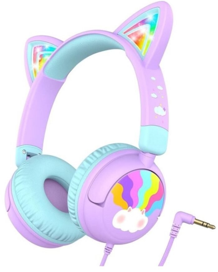 StayPowered Kinderheadset - Veilig, Stijlvol en Speels met Led-Verlichte Kattenoren! - Comfortabel en Verstelbaar - Compact Design - Inklapbaar - Zachte Oorkussens - 3.5mm Jack - Brede Compatibiliteit - Blauw/Paars - Levering Sneller dan Aangegeven!