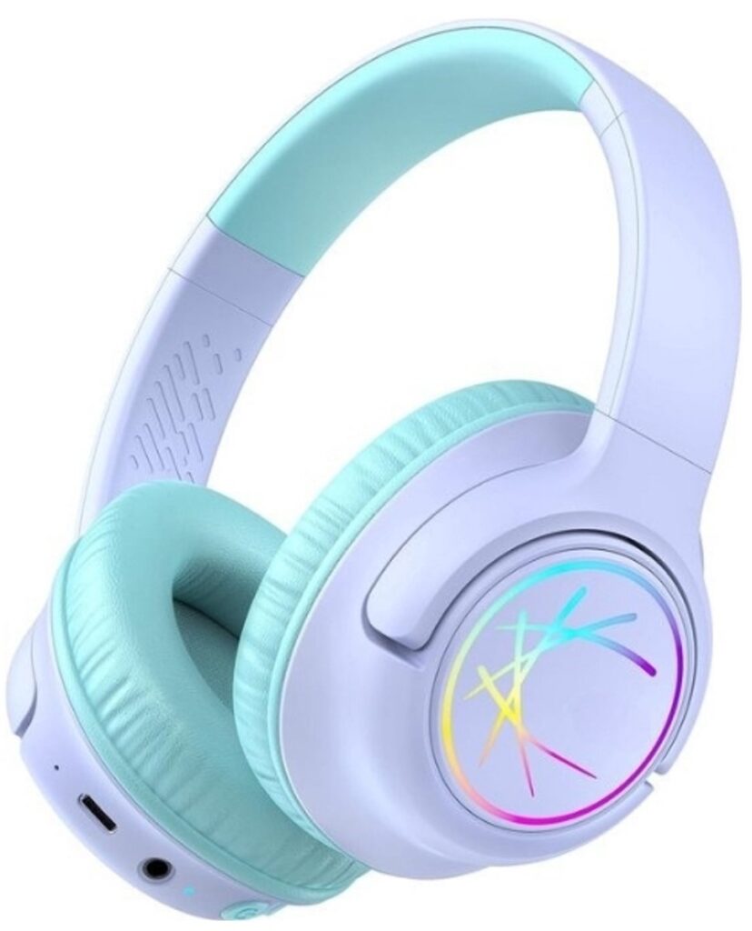 StayPowered Koptelefoon voor Kinderen - de Ultieme Kinderhoofdtelefoon met 43 Uur Speeltijd en Veilige Volumebegrenzing - Ingebouwde Verlichting - Opvouwbaar Ontwerp - USB C - Bedraad/Bluetooth - Paars - Levering Sneller dan Aangegeven!