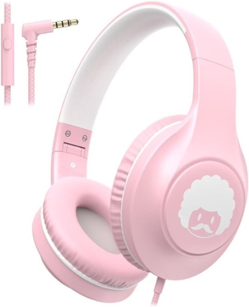 StayPowered Kinder Koptelefoon - Comfortabel en Duurzaam Ontwerp - HD Microfoon - Opvouwbaar Ontwerp - Rijke Stereo Bass - Verwikkelingvrij Nylon Kabel - Verstelbare Pasvorm - Universele 3,5 mm Jack - Wit/Roze - Levering Sneller dan Aangegeven!