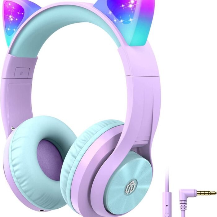 Intelectro Koptelefoon voor Kinderen - Coole LED Verlichting en Helder Geluid - 94Db Begrensd - Verschillende Lichtstanden - Ingebouwde Microfoon - Comfortabel en Draagbaar Ontwerp - Paars - Levering Sneller dan Aangegeven!