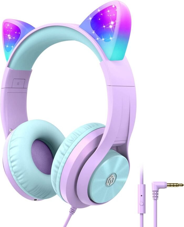 Intelectro Koptelefoon voor Kinderen - Coole LED Verlichting en Helder Geluid - 94Db Begrensd - Verschillende Lichtstanden - Ingebouwde Microfoon - Comfortabel en Draagbaar Ontwerp - Paars - Levering Sneller dan Aangegeven!