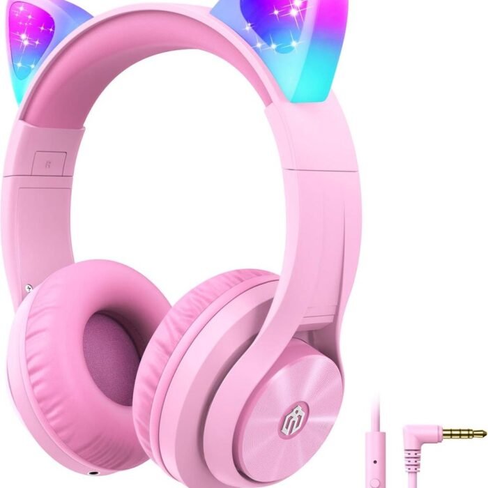 Intelectro Koptelefoon voor Kinderen - Coole LED Verlichting en Kristalhelder Geluid - 94Db Begrensd - Verschillende Lichtstanden - Ingebouwde Microfoon - Comfortabel en Draagbaar Ontwerp - Roze - Levering Sneller dan Aangegeven!