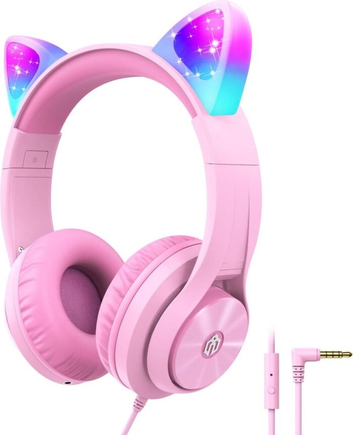 Intelectro Koptelefoon voor Kinderen - Coole LED Verlichting en Kristalhelder Geluid - 94Db Begrensd - Verschillende Lichtstanden - Ingebouwde Microfoon - Comfortabel en Draagbaar Ontwerp - Roze - Levering Sneller dan Aangegeven!