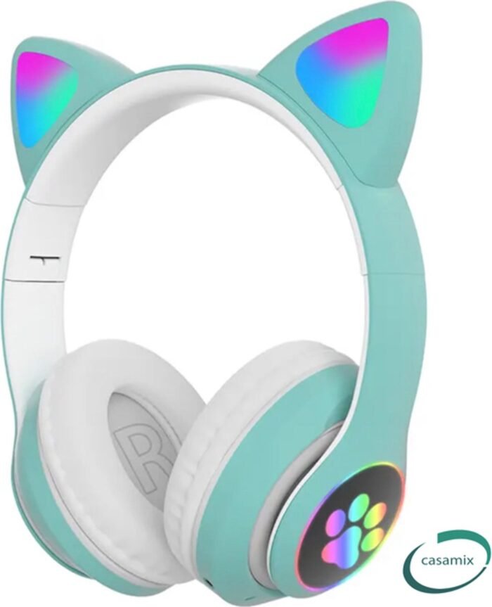 Kinder hoofdtelefoon - kattenoortjes GROEN-NL handleiding- cat headphones- Draadloze koptelefoon Bluetooth met led-Koptelefoon voor Kinderen - Met Led Kat Oortjes | met verlichting poot- Kat oor Koptelefoon draadloze Bluetooth met flitslicht.