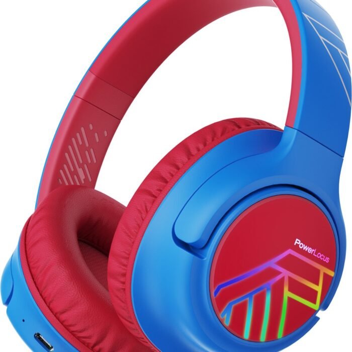 PowerLocus Bobo - Draadloze Koptelefoon voor Kinderen - Bluetooth koptelefoon - 74/85/94dB Volumebegrenzing - Led Verlichting - Audio Sharing Functie - Blauw/Rood