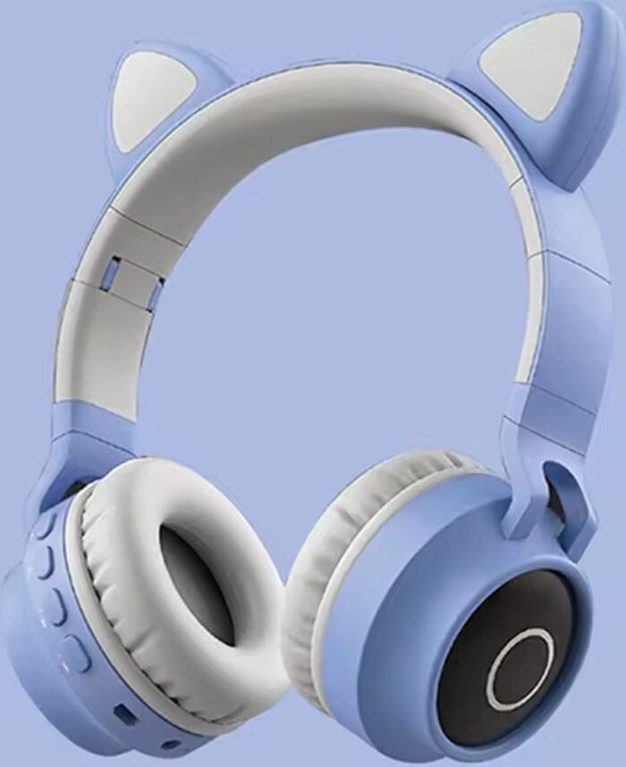 WizBay Premium Select® CAT Ear KIDS LED Headset met Microfoon - LED op de Buitenkant - HD Bluetooth Phone Call - Ingebouwde Microfoon - SD Card - Verstelbare Hoofdband - Soft Zuurstof doorlatend Ear Pads - Kleur Grijs Binnenkant - Blauw Buitenkant