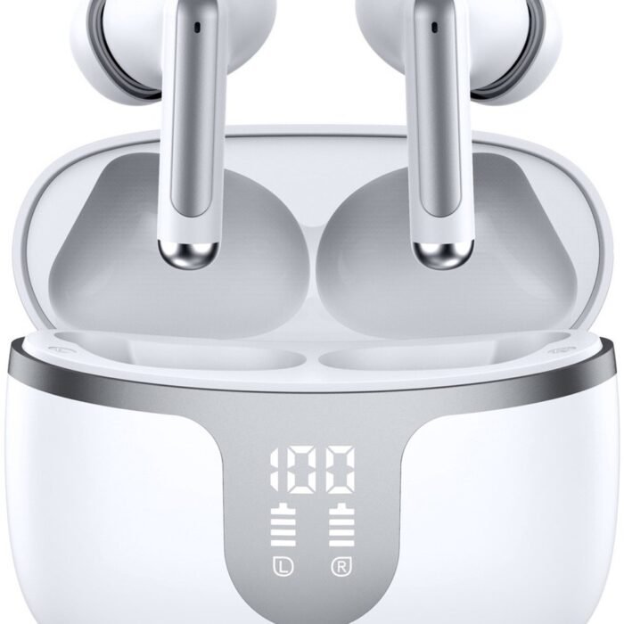 Draadloze oordopjes - Bluetooth 5.3 koptelefoon - HD-microfoon, HiFi-stereo geluid - Touchbediening, dubbele LED-display - Geschikt voor iOS en Android - Wit - Klein