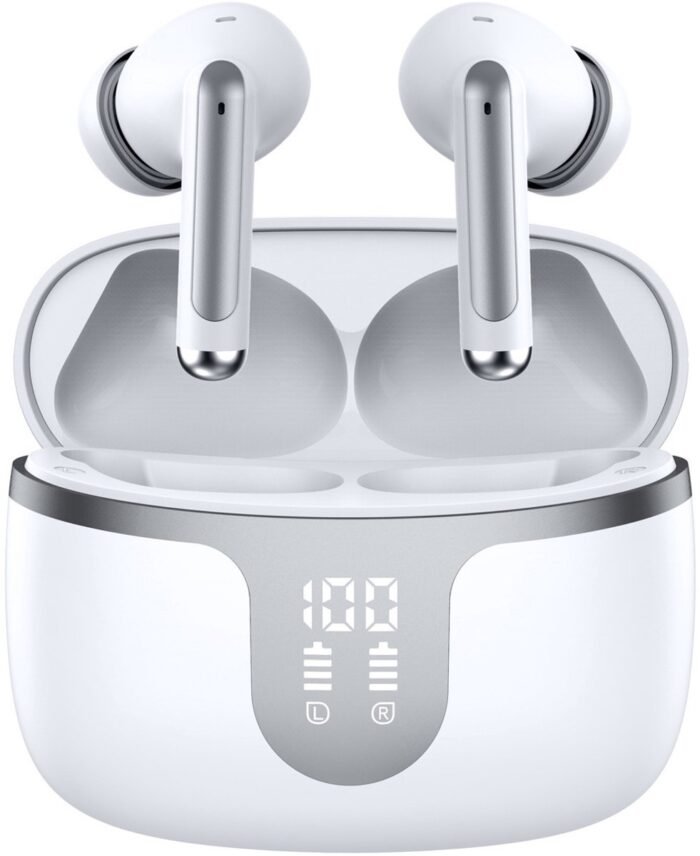 Draadloze oordopjes - Bluetooth 5.3 koptelefoon - HD-microfoon, HiFi-stereo geluid - Touchbediening, dubbele LED-display - Geschikt voor iOS en Android - Wit - Klein