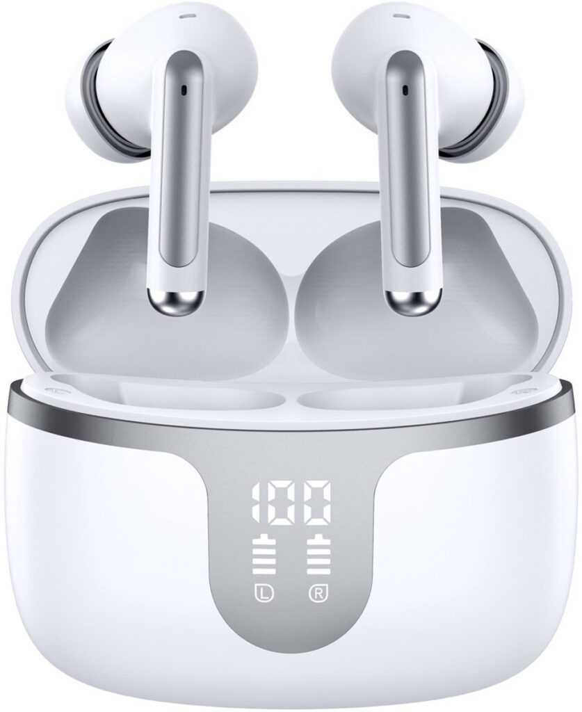 Draadloze oordopjes - Bluetooth 5.3 koptelefoon - HD-microfoon, HiFi-stereo geluid - Touchbediening, dubbele LED-display - Geschikt voor iOS en Android - Wit - Klein