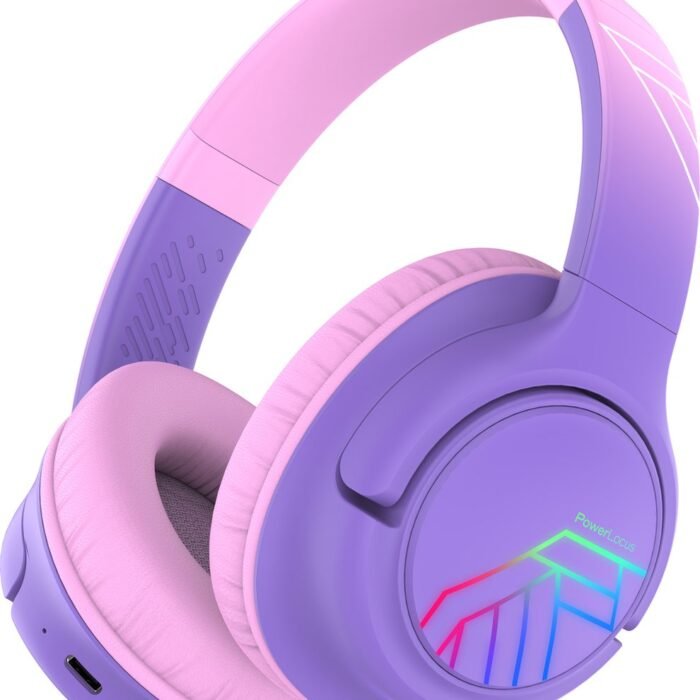 PowerLocus Bobo - Draadloze Koptelefoon voor Kinderen - Bluetooth koptelefoon - 74/85/94dB Volumebegrenzing - Led Verlichting - Audio Sharing Functie - Purple/Pink