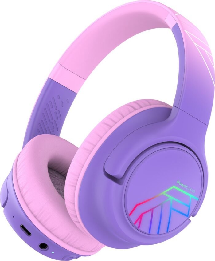 PowerLocus Bobo - Draadloze Koptelefoon voor Kinderen - Bluetooth koptelefoon - 74/85/94dB Volumebegrenzing - Led Verlichting - Audio Sharing Functie - Purple/Pink