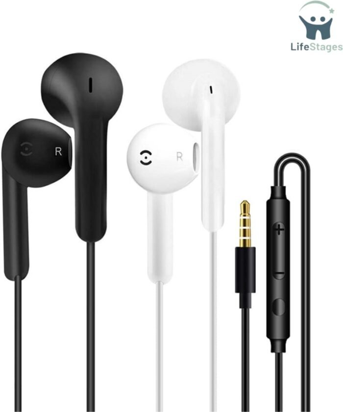 LifeStages - Oortjes Met Draad - 2 Set Koptelefoon Bedraad - In-Ear Koptelefoon - Bedrade Oordopjes - 3.5mm - Jack Geluidsisolerende Hoofdtelefoon met Mic - Afstandsbediening - Geluidsisolerend Compatibel met iPhone Samsung HuaWei Android